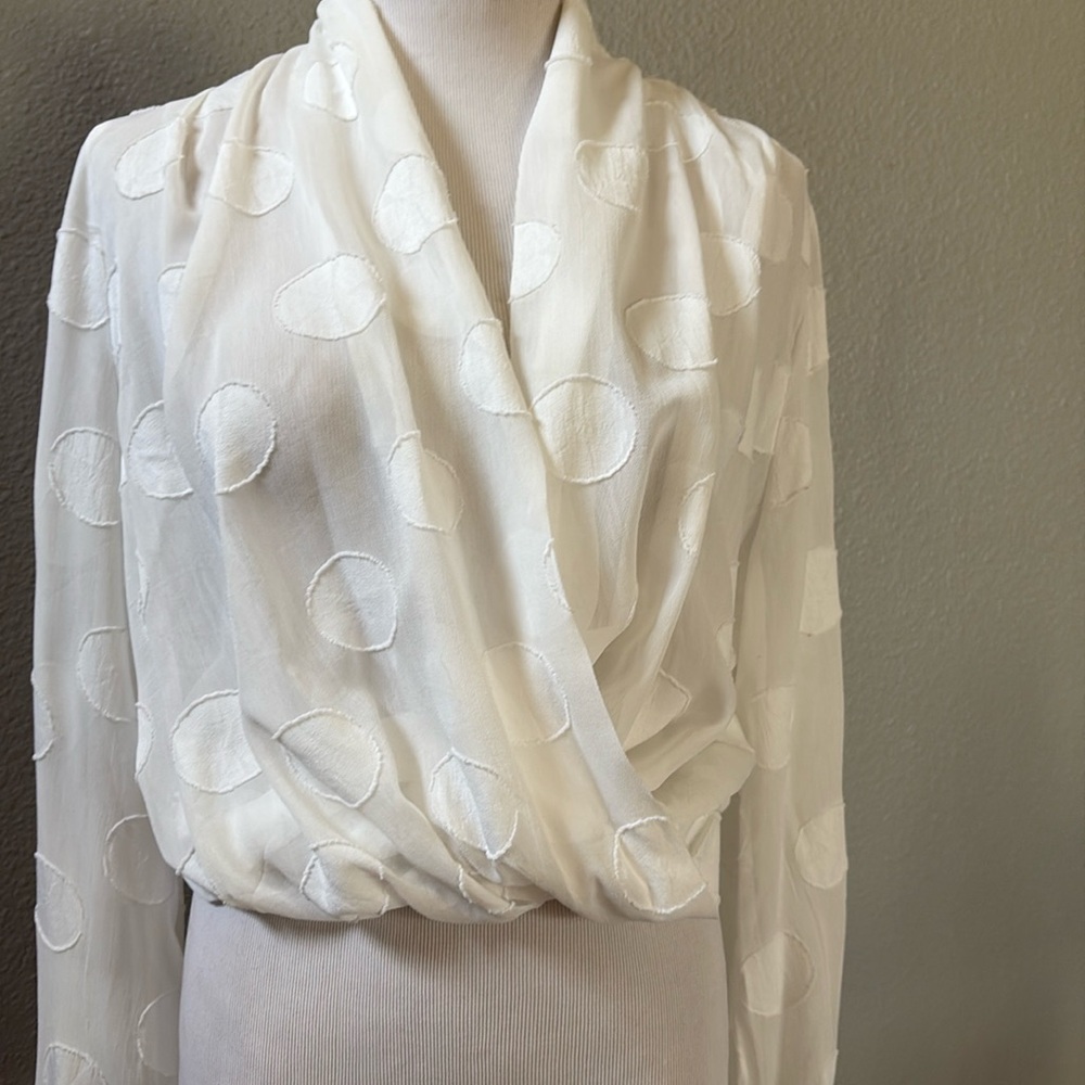 Selfie Leslie White Sheer Polka Dot Wrap Blouse